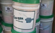 Buckets containing essential hygiene kits 