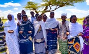 Group in colourful clothes standing in front of tree