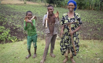 Mestawat Sorsa, pictured with her sons Abinet and Zekiyos near their home in Ethiopia. Following the death of her husband 7 years ago she says the family struggled to survive. Photo: Kieran McConville / Concern Worldwide.