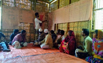 The Community Resilience Action Group (CRAG) of Vati Kapasia, Kapasia Union, Sundarganj, Bangladesh showed us the Community Action Plan (CAP) and map they developed following assessments of the natural capital and flood risk in their community. The CAP highlights the different issues, targeted households, what support is required, from whom and the timeframe for action. Photo: Amy Rose McGovern / Concern Worldwide.