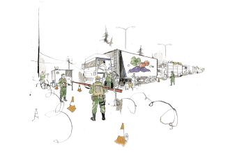 Disruption of food supplies during conflict contributes to hunger. Illustrated by George Butler for Concern Worldwide Nothing Kills Like Hunger campaign