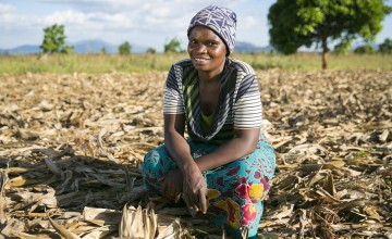 Farmer in Malawi sitting on her land, prepared using Climate Smart Agriculture techniques 