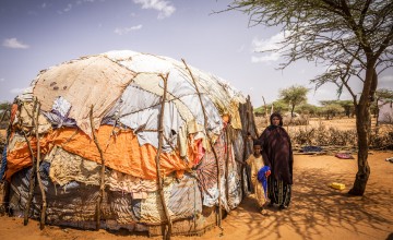 Woman and child standing outside hut made with sticks and fabric