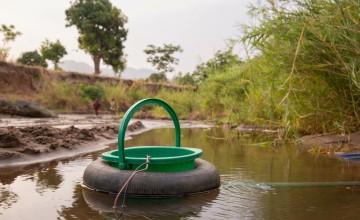 Green bucket in tire floating in pond