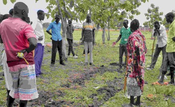 Demonstration of nursery bed preparation at the Agricultural Demonstration and Learning Centre, South Sudan. Photo: Rocky Roselle Emma / Concern Worldwide