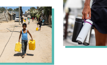 Left: A child carries two jerry cans full of water from a distribution point in Gaza. (Concern Worldwide) Right: A woman holds a set of Bluewater water bottles. (Bluewater Sweden)