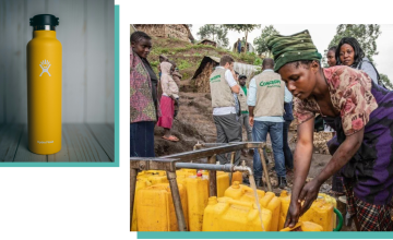 Left: A Hydroflask water bottle (Jamaal Cooks/Unsplash). Right: A Concern-led water distribution at an internal displacement site in Kisoko, DRC (Gabriel Nuru/Concern Worldwide)
