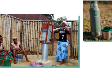 Right: A Stanley cup (Mitchell Orr/Unsplash). Left: Retta Bryant collects water from a pump installed by Concern Worldwide in Garward Town (Josephine Drobia/Concern Worldwide)