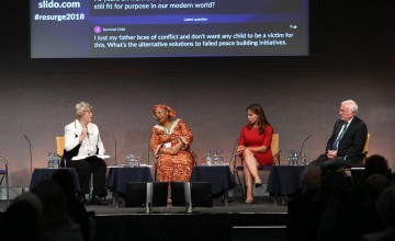 Panel for the Peacemaking and Peacebuilding discussion at Resurge2018: Former Irish Minister for Justice and Concern Board member, Nora Owen (moderator); Leymah Roberta Gbowee, Nobel Peace Laureate and President of Gbowee Peace Foundation Africa; Dr. Rim Turkmani, member of the Women’s Advisory Board to the United Nations Special Envoy to Syria; and Patrick Colgan, Special Representative of the Irish Government to the Colombian Ministry for Post Conflict. Photo: Photocall Ireland.