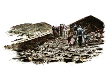 A displaced family makes their way to safety. From Six years of War, Six Shattered Lives, illustrated by Marc Corrigan for Concern Worldwide.