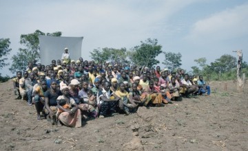 Josephine Zawele, 45, in a farmer field school alongside other community members in Boganando. Farmers use the field school to learn agricultural techniques which they can then replicate on their own land. 