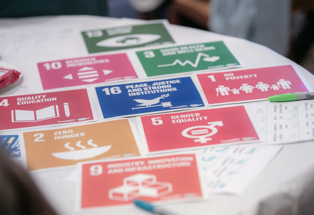 An array of Sustainable Development Goals illustrations on a table at Agents of Change event