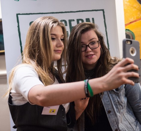 Jenny Gillen and Claire Williams taking a selfie at the Concern Debates Semi Final 2017. Photography by Ruth Medjber/ Concern Worldwide.