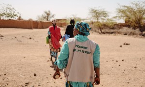 Three women walking in Niger with backs to camera