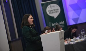 Ellie McCabe from Sandford Park School, Ranelagh in Dublin takes to the podium at the Concern All Debate semi-finals