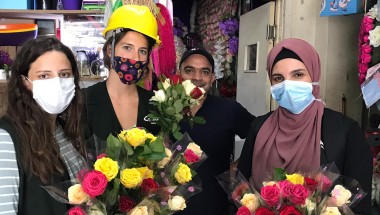 Concern staff Amani, Pauline and Sanaa buying flowers to distribute alongside the dignity and shelter kits to support the local community affected by the Beirut blast.Lebanon Photo: Pauline Coste / Concern Worldwide