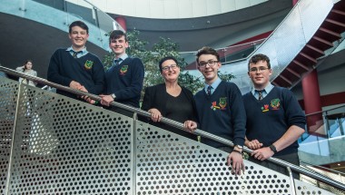 CBS Carlow team with teacher Claire O’Brien at Concern Debates final 2017 in the Helix, Dublin. Photo: Ruth Medjber/Concern Worldwide. 