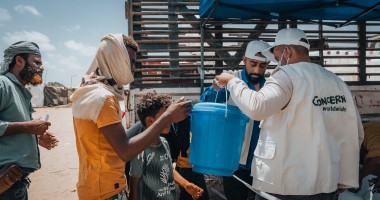 Cholera/hygiene kits being distributed by Concern Worldwide at the  Al-Salam City camp for displaced people, in Yemen. The kits include soap, washing powder and water purification tablets. Photo: Ammar Khalaf/Concern Worldwide