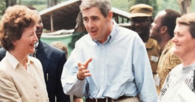 Dominic MacSorley and Jerry Merx talking with Mary Robinson during her visit to Concern's programmes. As President of Ireland, she was one of the first head's of state to visit Rwanda in the wake of the genocide. Photo: Concern Worldwide. 