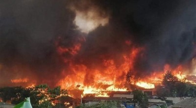 Fire in the Kutupalong Balukhali Extension refugee camp hosting Rohingya refugees in Cox's Bazar, Bangladesh in March 2021. Photo: Concern Worldwide.
