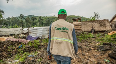 Concern staff member surveys latrine construction in DRC