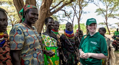 Concern's Youth Climate Ambassador Dearbhla Richardson meets with the women of the Kangalita Irrigation Scheme in Turkana County, Kenya