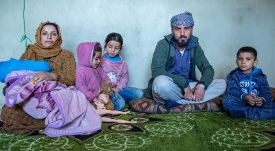 Khaled* lives in the mountains with his wife Maram* and four children, Maria* (7), Malik* (6), Dalia* (4) and Ali* (2). They fled Syria and moved to Lebanon in 2013. They were forced to move up to the mountains recently as they can not afford to live in the city. (Photo: Gavin Douglas/Concern Worldwide)