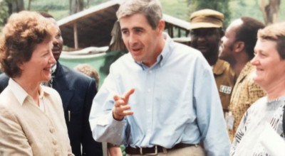 Dominic MacSorley and Jerry Merx talking with Mary Robinson during her visit to Concern's programmes. As President of Ireland, she was one of the first head's of state to visit Rwanda in the wake of the genocide. Photo: Concern Worldwide. 