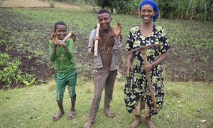 Female Ethiopian farmer with her sons in her field